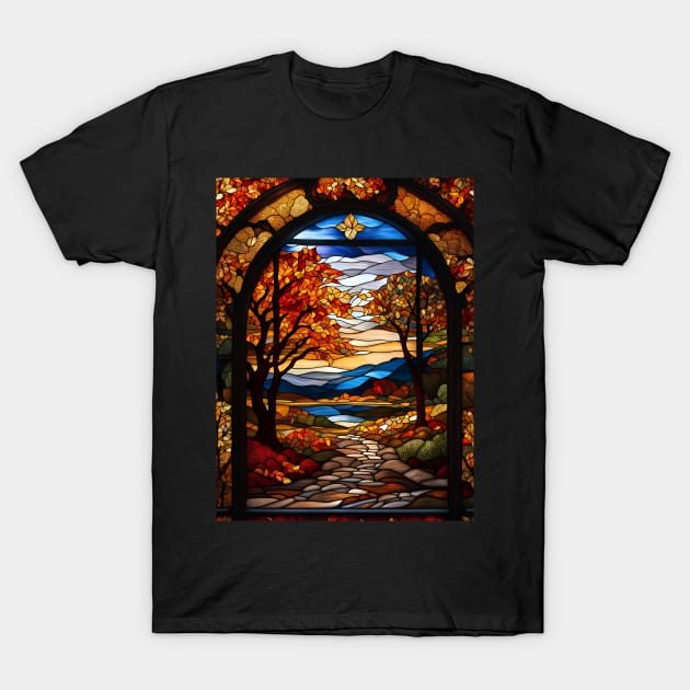 Stained Glass Window Of Autumn Scene T-Shirt by Chance Two Designs